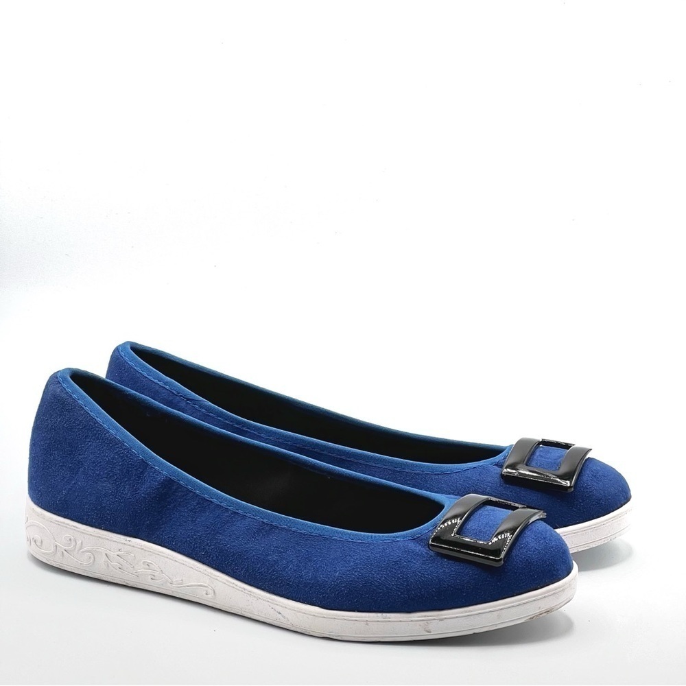 Soft Style Royal Blue Suede Slip-On Flats with Decorative Buckle